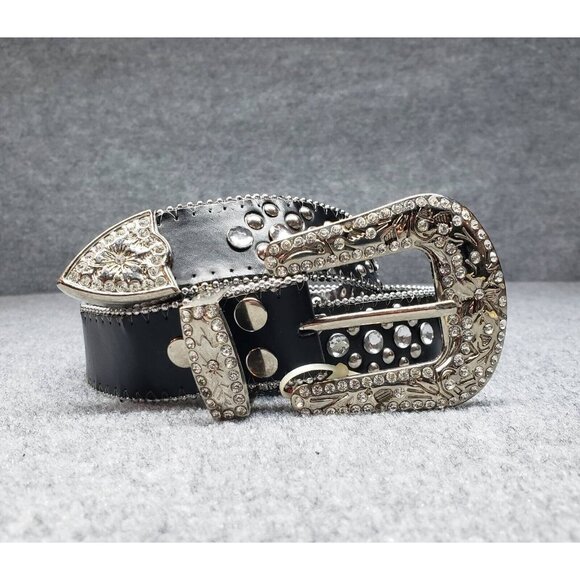 Unbranded Accessories - Skull Crossbones Wings Belt Womens L Black Leather Rhinestone Embossed Studded